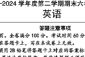 江苏省宿迁市多校2023-2024学年六年级下册期末调研监测英语试题(含答案)