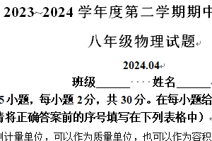 江苏省常州市2023-2024学年八年级下学期期中质量调研物理试题（含解析）