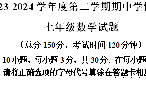 江苏省南通市如东县2023-2024学年七年级下学期期中数学试题（含解析）