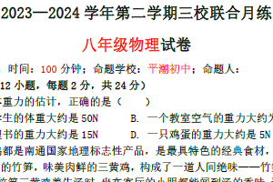 江苏省南通市平潮初中三校联考2023—2024学年八年级物理下学期第一次月考试卷（PDF版  含答案）