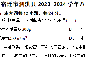 江苏省宿迁市泗洪县2023-2024学年八年级（下）物理期中试卷（含解析）
