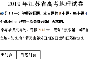 2019年江苏省高考地理真题试卷（含解析）