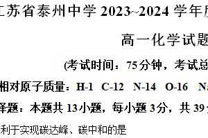 江苏省泰州中学2023-2024学年高一下学期6月期末考试化学试题（含解析）