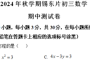 江苏省无锡市锡东片2024-2025学年九年级上学期期中考试数学试题（含解析）