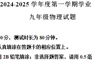 江苏省淮安市2024-2025学年九年级上学期期中学业监测物理试题（含解析）