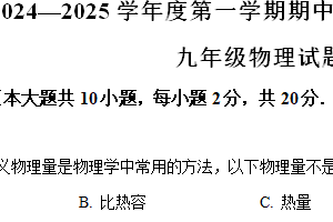 江苏省连云港市赣榆区2024-2025学年九年级上学期期中考试物理试题（含解析）
