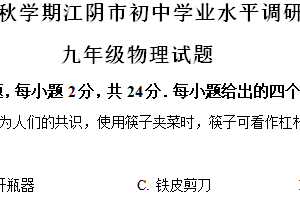 江苏省无锡市江阴市2024—2025学年九年级上学期期中考试物理试题（含解析）