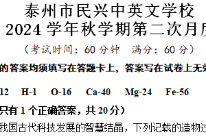 江苏省泰州市民兴中英文学校2024～2025学年九年级上学期第二次月度检测化学试题（含答案）