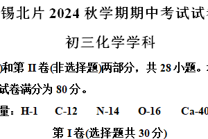 江苏省无锡市锡北片区2024-2025学年九年级上学期期中考试化学试题（含解析）