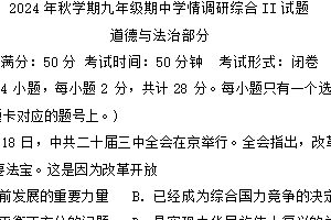 江苏省盐城市阜宁县2024-2025学年九年级上学期11月期中道德与法治试题（含答案）