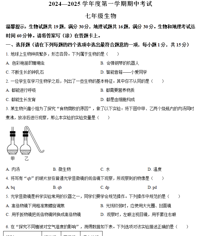 江苏省连云港市东海县2024-2025学年七年级上学期期中生物学试题(含解析)