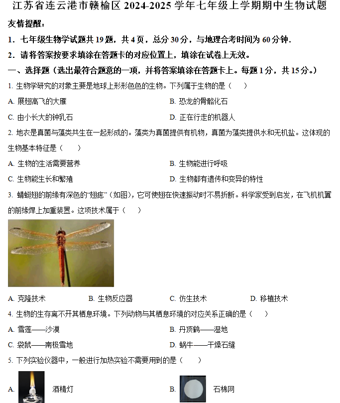 江苏省连云港市赣榆区2024-2025学年七年级上学期期中生物学试题(含解析)