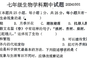 江苏省徐州市沛县第五中学2024-2025学年七年级上学期期中生物学试卷（含答案）