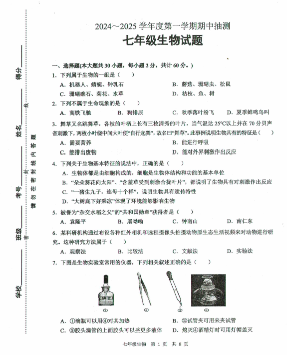 江苏省徐州市新沂市2024-2025学年七年级上学期期中生物试题(含解析)