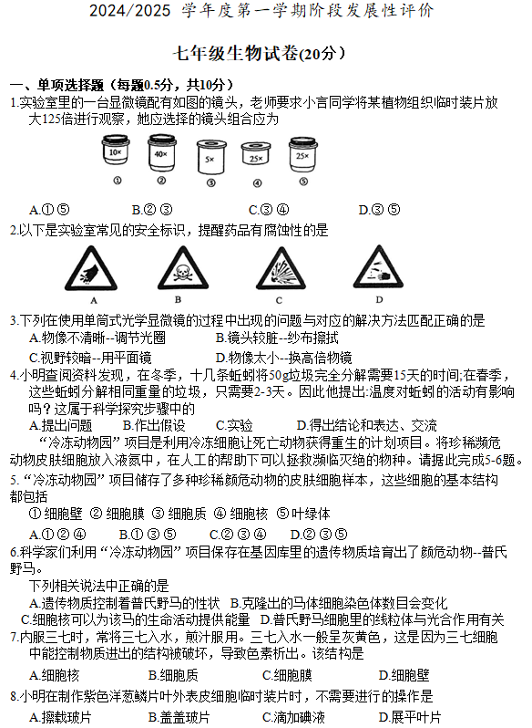 江苏省盐城市盐都区第一共同体2024-2025学年七年级上学期11月期中考试生物学试卷(含答案)