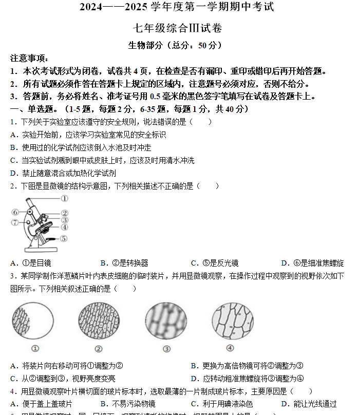 江苏省盐城市东台实验中学教育集团2024-2025学年七年级上学期期中生物学试题(含答案)