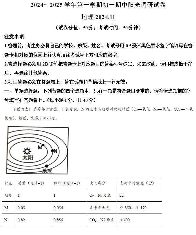 江苏省苏州市2024-2025学年七年级上学期期中地理试题(含解析)