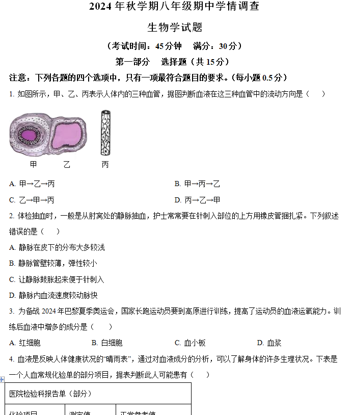 江苏省泰州市泰兴市2024-2025学年八年级上学期期中生物学试题(含解析)