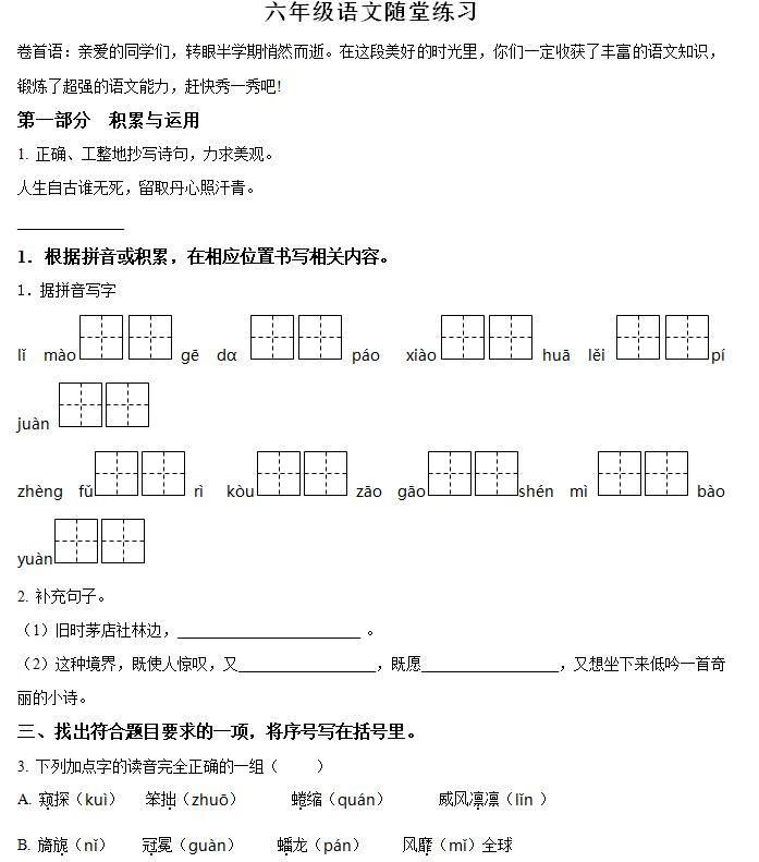 2024-2025学年江苏省盐城市盐都区四联盟统编版六年级上册期中考试语文试卷(含解析)