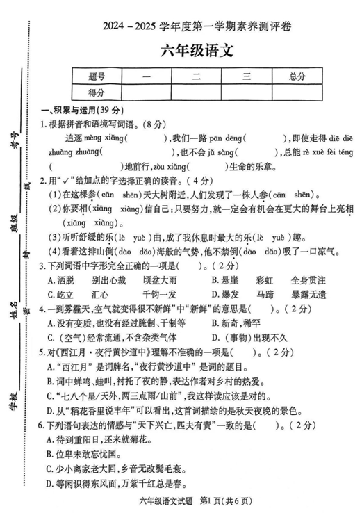 江苏省徐州市丰县2024-2025学年六年级上学期11月期中语文试题(含答案)
