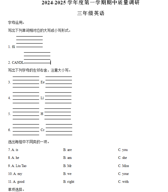 2024-2025学年江苏省宿迁市泗阳县译林版(三起)(2024)三年级上册期中测试英语试卷(含解析)
