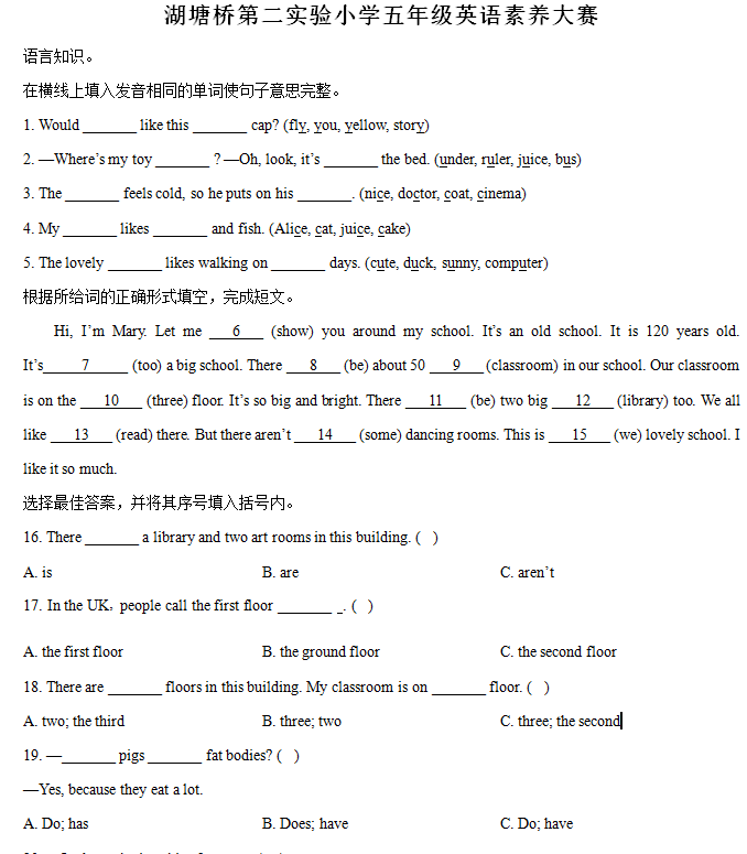 2024-2025学年江苏省常州市武进区湖塘桥第二实验小学译林版(三起)五年级上册11月期中测试英语试卷(含解析)
