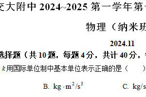 江苏省苏州市西安交通大学苏州附属中学2024-2025学年高一上学期期中物理试卷（纳米班）（含解析）