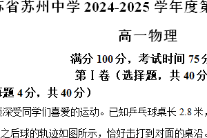 江苏省苏州中学2024-2025学年高一上学期期中物理试卷（含解析）
