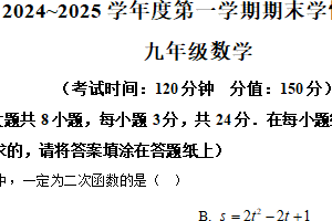 江苏省宿迁市沭阳县2024-2025学年九年级上学期1月期末数学试题（含解析）