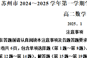 江苏省苏州市2024-2025学年高二上学期期末学业质量阳光指标调研数学试卷（含解析）