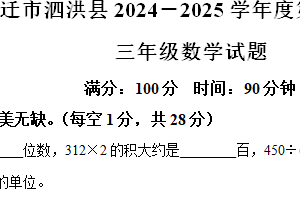 2024-2025学年江苏省宿迁市泗洪县苏教版三年级上册期末考试数学试卷（含解析）
