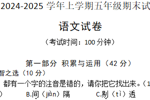 江苏省泰州市姜堰区2024-2025学年五年级上学期期末语文试题（含答案）