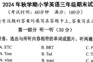 2024-2025学年江苏省泰州市泰兴市三年级上期末英语试卷（无答案）