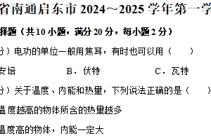 江苏省南通启东市2024-2025学年上学期九年级物理期末调研试卷（含解析）