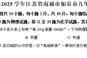江苏省南通市如皋市2024-2025学年九年级上学期期末物理试题（含解析）
