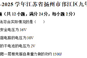 江苏省扬州市邗江区2024-2025学年九年级上学期期末考试物理试题（含解析）