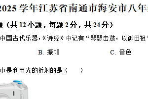 江苏省南通市海安市2024-2025学年八年级上学期期末考试物理试题（含解析）