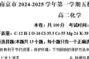 江苏省南京市五校联盟2024-2025学年高二上学期1月期末调研化学试题（含答案）