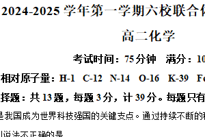 江苏省南京市六校联合体2024-2025学年高二上学期1月期末化学试题（含解析）
