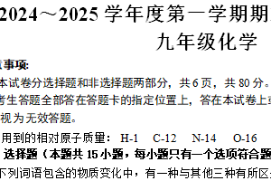 江苏省南京市栖霞区2024-2025学年九年级上学期期末学情分析化学样卷（含答案）