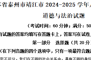 江苏省泰州市靖江市2024-2025学年八年级上学期期末道德与法治试题（含解析）