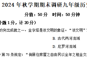 江苏省盐城市盐城经济技术开发区2024-2025学年九年级上学期期末历史试题（含解析）