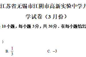 2024-2025学年江苏省无锡市江阴市高新实验中学九年级（下）月考数学试卷（3月份）（含解析）