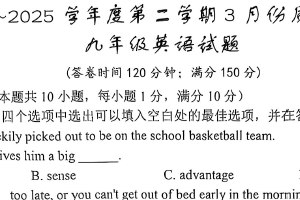 江苏省南通市启东市2024-2025学年九年级下学期3月月考英语试题（含解析）