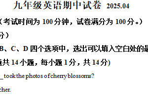 江苏省无锡市惠山十校2024-2025学年九年级下学期期中英语试卷（含解析）