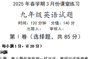 江苏省盐城市亭湖区2024-2025学年九年级下学期3月联考英语试题（含答案）
