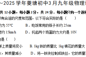 江苏省扬州市高邮市菱塘回族乡教育中心校2024～2025 学年九年级下学期 3 月物理试题（无答案）