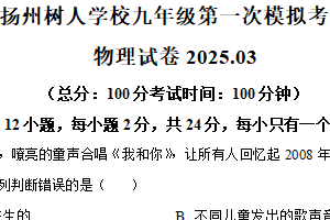 2025年江苏省扬州树人学校中考一模物理试题（含解析）