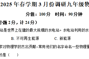 江苏省淮安市淮安区几校2024-2025学年九年级下学期3月月考物理试题（含解析）