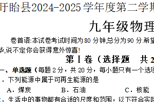 江苏省淮安市盱眙县2024-2025学年九年级下学期期中考试物理试题（含答案）